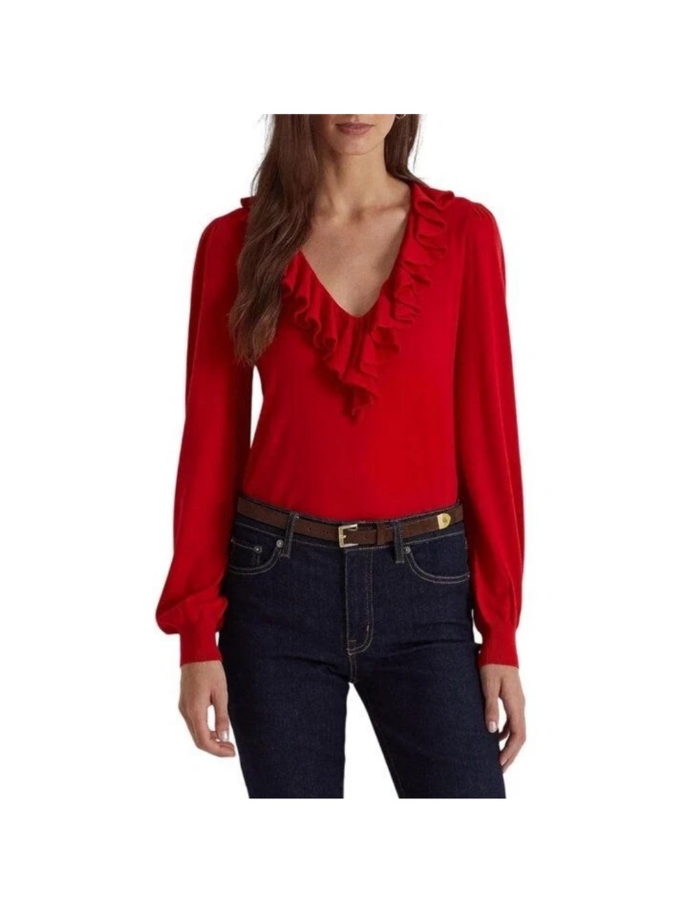 Lauren Ralph Lauren Red Ruffle V-Neck Blouse